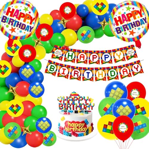 Bausteine Party Deko 85 Pcs,Geburtstagsdeko Jungen,Kindergeburtstag Deko Bausteine,Bausteine Luftballon,"Happy Birthday"Banner,Folienballon Bausteine,Happy Birthday Deko,Baustein Theme Party Supplies von DSTLWBCS