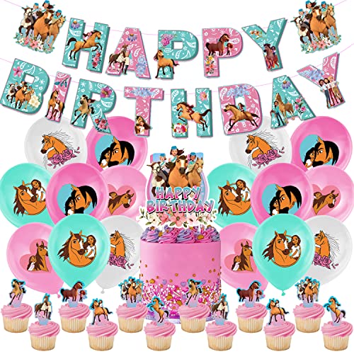 Horse Geburtstag Deko 34 Stück, Luftballons Geburtstag, Horse Party Zubehör, Kuchen Dekoration, Geburtstag Banner, Junge Mädchen Geburtstagsparty Dekoration von DSTLWBCS