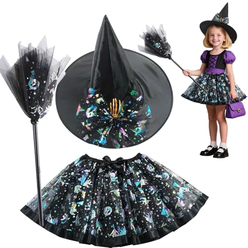 DTAOZFA Halloween Kostüm Kinder Hexe Mädchen, Halloween Hexenkostüm Kinder, Tütü Hexe Verkleidung set, Rockmädchen Halloween Kostüm, Karneval, Rollenspiel usw(Lila) von DTAOZFA