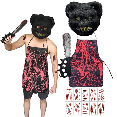 DTAOZFA Horror Bär Kostüm, Herren Blutiger Killer, blutige schürze halloween, Horrormaske, Kettensägenmesser, Schürze, Tattoo -Aufkleber, Halloween -Kostüme für Erwachsene (black) von DTAOZFA