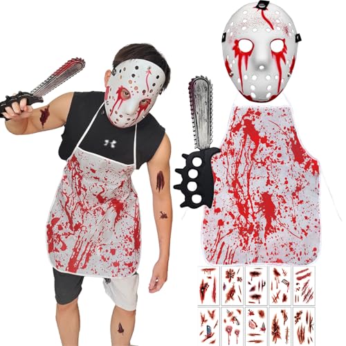 DTAOZFA Serienkiller Kostüm, Halloween Kettensäge Mann Kostüm, Horror Kostü Herren, Mordmaske, Kettensäge, Schürze, Narben -Tattoo -Aufkleber, Halloween -blutiges Kostü (White) von DTAOZFA