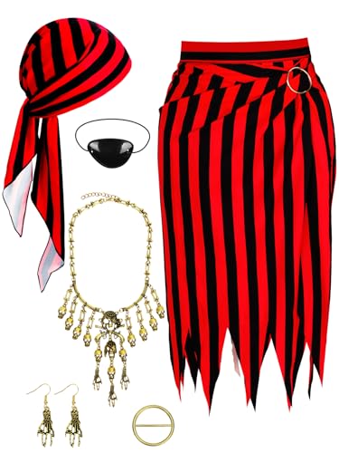 DTOFOOT 6 Stück Piraten Kostüm Set Damen Piratenrock Kleid Offenes Design Kleid Zubehör Rot Erwachsene Kopftuch Hut Augenklappe Halskette Ohrringe von DTOFOOT