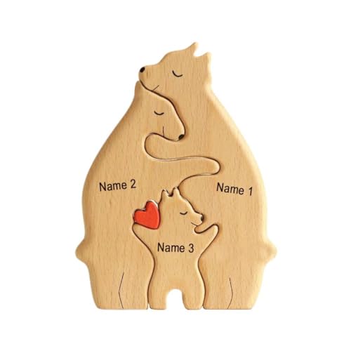 Holzpuzzle mit Bärenfamilie, Holzpuzzle, Skulpturen, personalisierter Kunsttext mit 1–7 Familiennamen, Herz-Puzzle, perfekte Heimdekoration, Geburtstag für Mama und Papa von DTREEL
