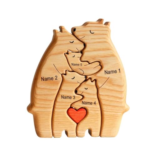 Holzpuzzle mit Bärenfamilie, Holzpuzzle, Skulpturen, personalisierter Kunsttext mit 1–7 Familiennamen, Herz-Puzzle, perfekte Heimdekoration, Geburtstag für Mama und Papa von DTREEL