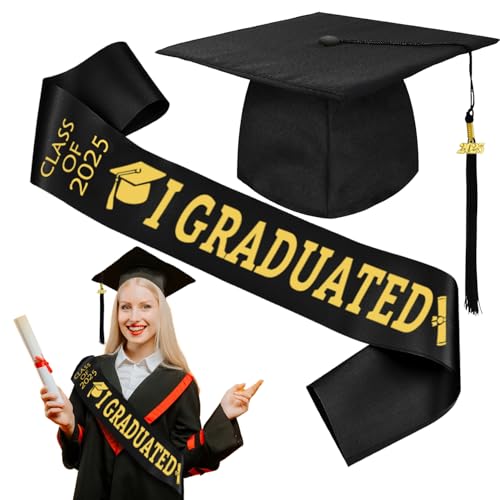 DTXYBC 3 Stück Doktorhut Bachelor Hut, Abschluss Hut, Absolventenhut, Doktorhut Set mit I GRADUATED Schärpe Schwarz und Datumsanhänger 2025, für Abschlussfeiern vom Studium, Universität, Hochschule von DTXYBC