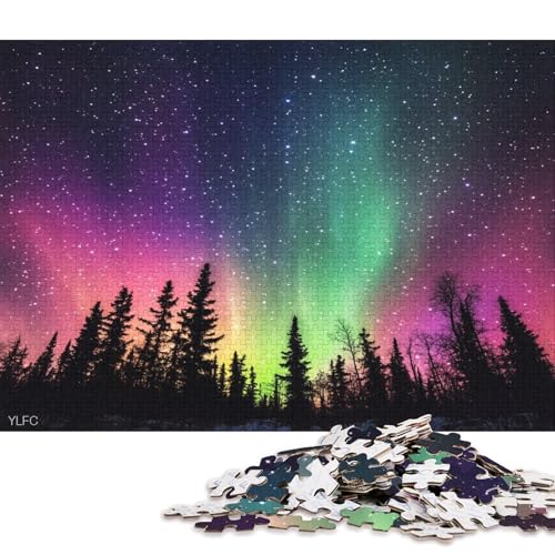 Nachthimmel Mit Farbenfrohen Auroren Puzzle HolzKunst Premium Polarlichter Nordlichter Kreativ Lustiges Plakat Puzzles Für Erwachsene Und Kinder Ab 13 Jahren 1000pcs (75x50cm) von DUABELPHF