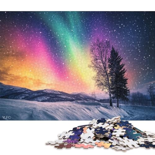 Nachthimmel Mit Farbenfrohen Auroren Puzzle HolzKunst Premium Polarlichter Nordlichter Poster Puzzles Für Erwachsene Teenager Kinder 1000pcs (75x50cm) von DUABELPHF