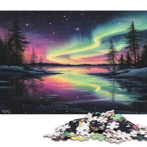 Nachthimmel Mit Farbenfrohen Auroren Puzzle HolzKunst Premium Polarlichter Nordlichter Poster Puzzles Für Erwachsene Teenager Kinder 1000pcs (75x50cm) von DUABELPHF