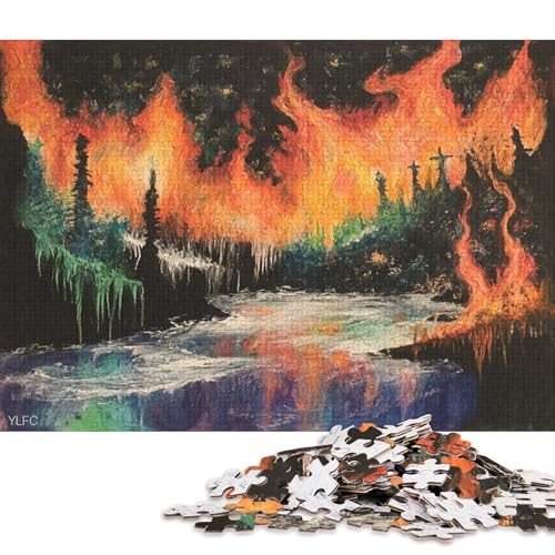 Öl Malerei Feuer Puzzle HolzKunst Premium Polarlichter Nordlichter Spiel EntpackenPoster Puzzles Für Erwachsene Und Kinder Ab 13 Jahren 500pcs (52x38cm) von DUABELPHF