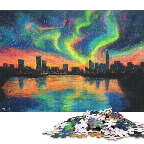 Öl Pastell Stil Zeichnung Zeigt Aurora Stadt Puzzle HolzKunst Premium Polarlichter Nordlichter Poster Puzzles Für Erwachsene Und Kinder Ab 13 Jahren 1000pcs (75x50cm) von DUABELPHF