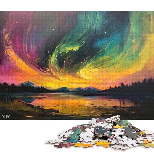 Oil Pastel Style Drawing Shows Aurora Puzzle HolzKunst Premium Polarlichter Nordlichter Kreativ Lustiges Plakat Puzzles Für Erwachsene Kinder 1000pcs (75x50cm) von DUABELPHF