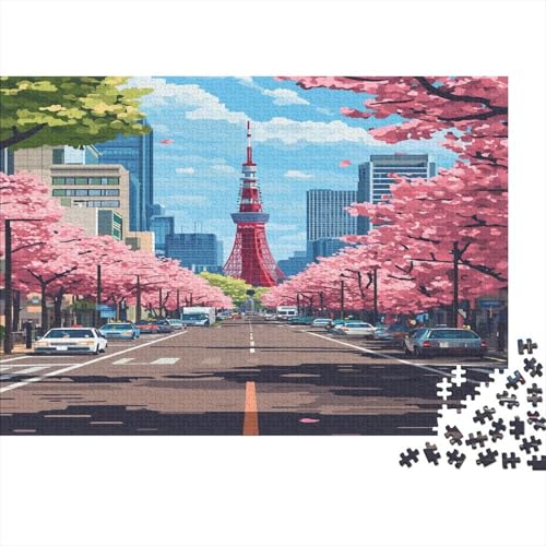 Tokio Tokyo Cherry Blossom Puzzle HolzKunst Premium Japanische Stadtlandschaft Spiel Entpacken Puzzles Plakat Für Erwachsene Kinder 1000pcs (75x50cm) von DUABELPHF