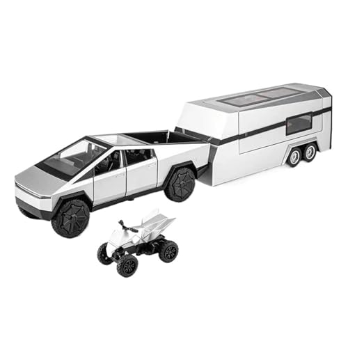1 24 Für Tesla Cyber ​​Truck Pickup Trailer Legierung Auto Modell Diecast Camper Van Touring Auto Modell Sammlerstücke Druckgussmodelle Motorfahrzeuge(Silber) von DUEVEL