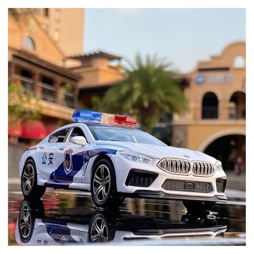 1 32 Für BMW M8 Polizeiauto Modell Dekoration Simulation Legierung Automodell Sound Licht Spielzeug Pull Back Auto Druckgussmodelle Motorfahrzeuge(White) von DUEVEL