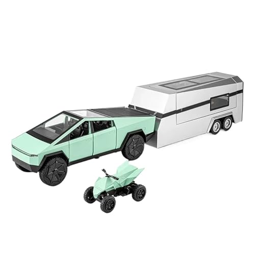 1 32 Für Tesla Cybertruck Pickup RV Anhänger Mit Motorrad Diecast Metall Modell Spielzeug Sound Und Licht Spielzeug Druckgussmodelle Motorfahrzeuge(Grün) von DUEVEL