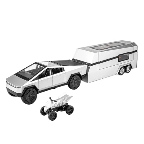 1 32 Für Tesla Cybertruck Pickup RV Anhänger Mit Motorrad Diecast Metall Modell Spielzeug Sound Und Licht Spielzeug Druckgussmodelle Motorfahrzeuge(Silber) von DUEVEL