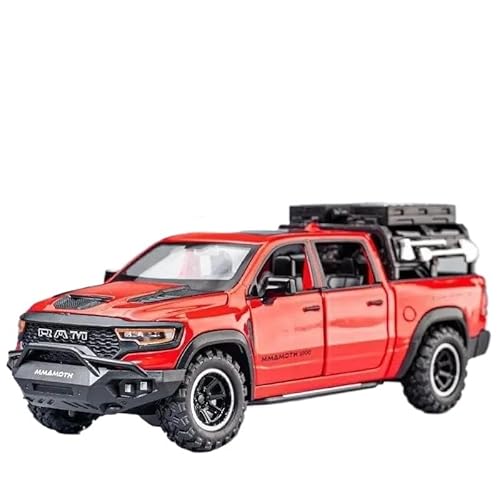 1:32 Für Dodge RAM Mammoth Pickup Truck Off Road Druckguss Metall Auto Modell Sound Licht Pull Back Jungen Geschenk Druckgussmodelle Motorfahrzeuge(Rot) von DUEVEL