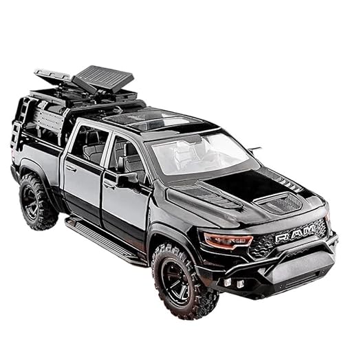 1:32 Für Dodge RAM Mammoth Pickup Truck Off Road Druckguss Metall Auto Modell Sound Licht Pull Back Jungen Geschenk Druckgussmodelle Motorfahrzeuge(Schwarz) von DUEVEL