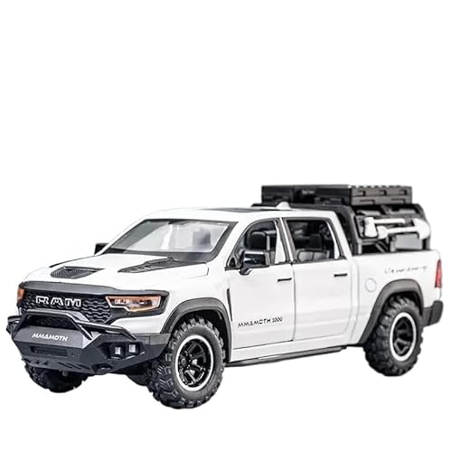 1:32 Für Dodge RAM Mammoth Pickup Truck Off Road Druckguss Metall Auto Modell Sound Licht Pull Back Jungen Geschenk Druckgussmodelle Motorfahrzeuge(White) von DUEVEL