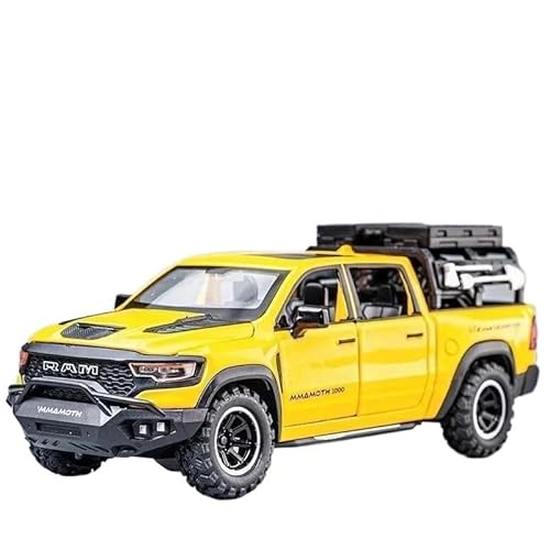 1:32 Für Dodge RAM Mammoth Pickup Truck Off Road Druckguss Metall Auto Modell Sound Licht Pull Back Jungen Geschenk Druckgussmodelle Motorfahrzeuge(Yellow) von DUEVEL