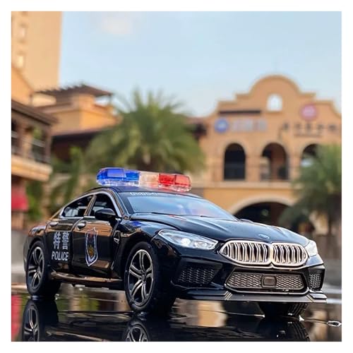 DUEVEL 1 32 Für BMW M8 Polizeiauto Modell Dekoration Simulation Legierung Automodell Sound Licht Spielzeug Pull Back Auto Druckgussmodelle Motorfahrzeuge(Schwarz) von DUEVEL