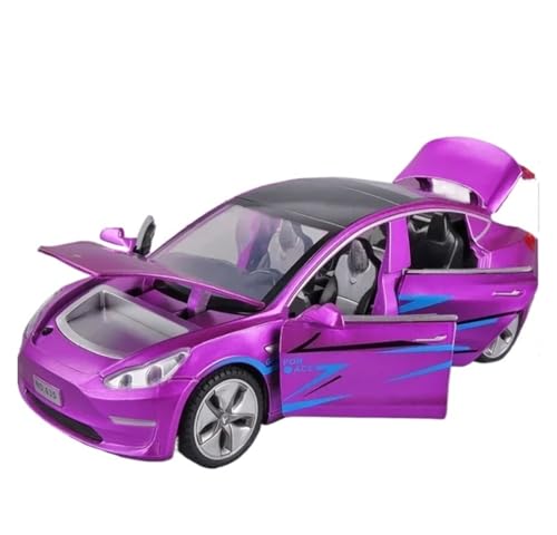 DUEVEL 1 32 Für Tesla Model 3 Legierung Automodell Druckguss & Spielzeugfahrzeuge Sound Pull Back Auto Für Jungen Spielzeug Druckgussmodelle Motorfahrzeuge(Purple) von DUEVEL