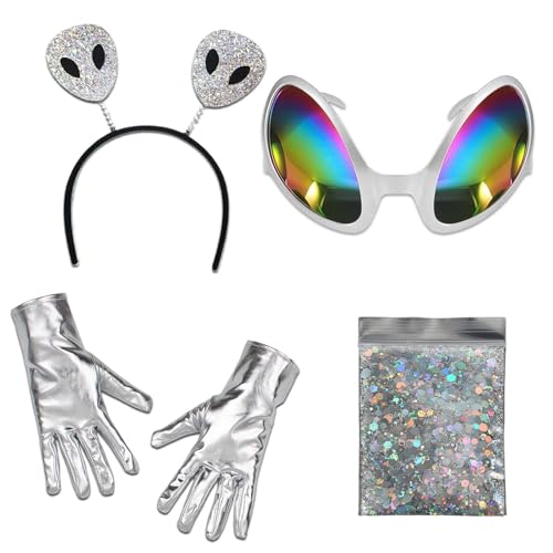 DUGEGAYL Alien Kostüm, 3-in-1 Alien Kostüm Set - Inklusive Holografischem Stirnband, Alien-Sonnenbrille und Glitzerhandschuhen - Kostüm für alle Altersgruppen und Geschlechter von DUGEGAYL