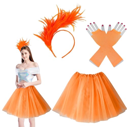 DUGEGAYL Orange Tüllrock Karneval Kostüm Set，Tüllrock Orange Damen-Set mit Federhaarreif, Handschuhen, Festival-Outfit, Kostüm3-teilig, für Karneval, Sommerparty von DUGEGAYL