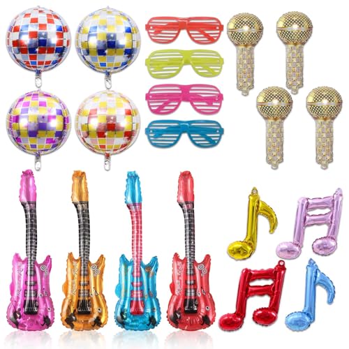 Aufblasbare Rock Star Toys Set，Fotobox Accessoires Hochzeit,20 Stück Inflatables Gitarre Mikrofon Shading Gläser Musiknotenballon, Aufblasbare Rockstar Set, für Party Supplies Party von DUGEGAYL