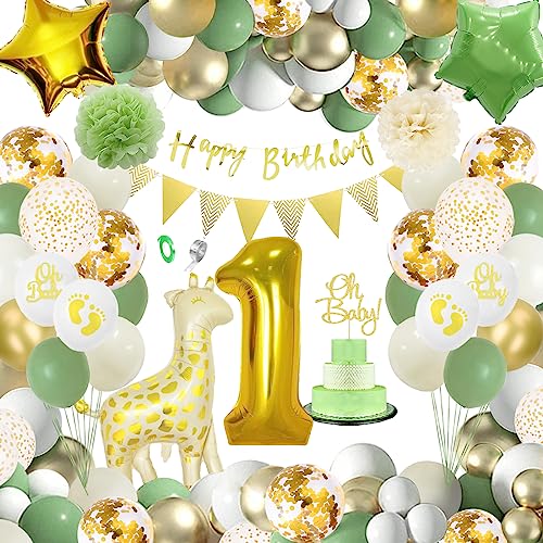 DUGEHO 1 Jahr Grün Geburtstag Deko Mädchen Junge,Grün Luftballons Garland Set,Happy Birthday Banner,Grün Gold Luftballons Hochzeit für Kindergeburtstag Deko von DUGEHO