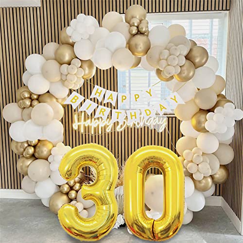 DUGEHO Luftballon Girlande,30 Geburtstag Deko, 97 Stück Sandweiß Ballongirlande Set, Weiß Ballons Metallic Gold Luftballons für Baby Shower, Geburtstag, Hochzeitdeko Happy Birthday Deko von DUGEHO