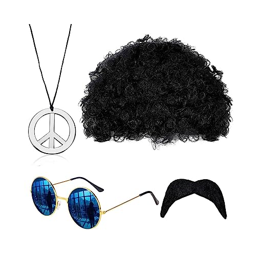 DULSPUE Hippie Kostüm Set, Mode Afro Perücke, Sonnenbrille, Frieden Zeichen Halskette, Schnauzbart, 70er Jahre Verkleidung Hippie Kostüm Funky für 60er 70er Jahre Hippie Mottoparty(4 Stück) von DULSPUE