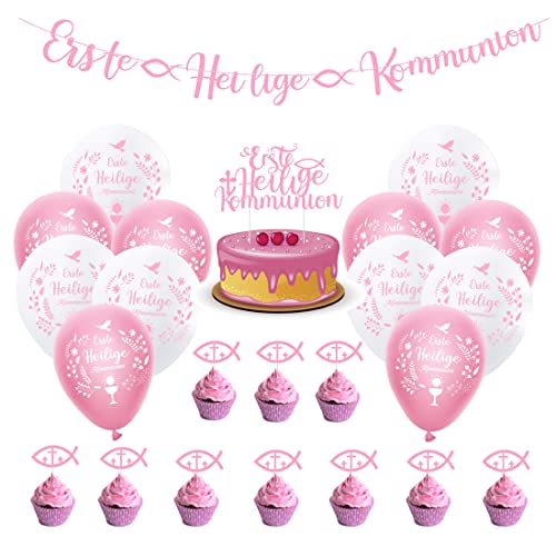 DULSPUE luftballons kommunion - 12 Pcs Luftballons - Erste Heilige Kommunion Girlande Rosa Deko Banner Papier mit Erstkommunion Hängende Dekoration für Kommunion Sakrament Jungen Mädchen (12 Zoll) von DULSPUE