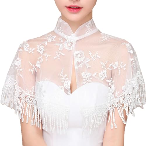 Abendumhang für Flapper Brautkleid, Hochzeitskleid, Spitze, Netzstoff, Schal, Cape, Fransen für Damen-Accessoires(White 1) von DUMRALBQE