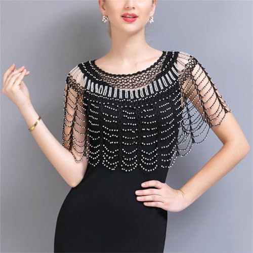 Abendumhang für Flapper Handgehäkelter Kleiner Schal Cape Hochzeit für Damen-Accessoires(Black Silver) von DUMRALBQE