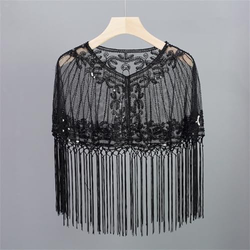 Abendumhang für Flapper Kleider Mesh Pailletten Prom Schal Quasten Kleine Schulter für Damen-Accessoires(Black) von DUMRALBQE