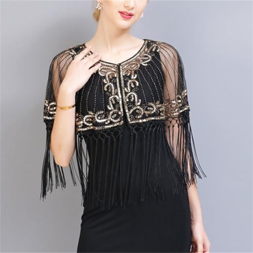 Abendumhang für Flapper Kleider Mesh Pailletten Prom Schal Quasten Kleine Schulter für Damen-Accessoires(Black Gold) von DUMRALBQE