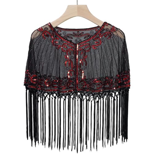 Abendumhang für Flapper Kleider Mesh Pailletten Prom Schal Quasten Kleine Schulter für Damen-Accessoires(Black Red) von DUMRALBQE