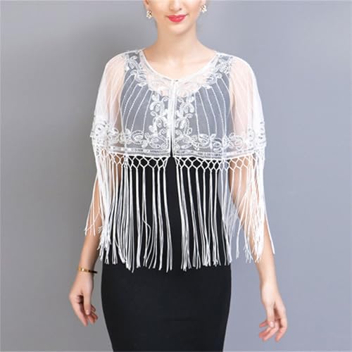 Abendumhang für Flapper Kleider Mesh Pailletten Prom Schal Quasten Kleine Schulter für Damen-Accessoires(Weiß) von DUMRALBQE