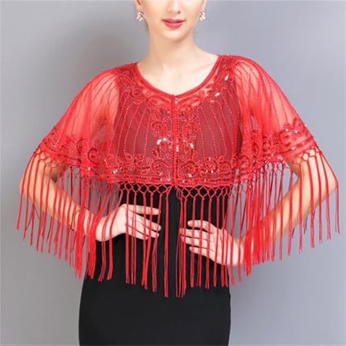 Abendumhang für Flapper Kleider Mesh Pailletten Prom Schal Quasten Kleine Schulter für Damen-Accessoires(rot) von DUMRALBQE