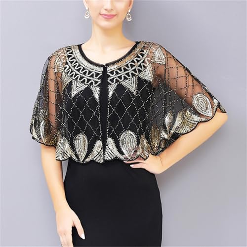 Abendumhang für Flapper Kleine Schal Prom Kleid Strickjacke Dünne Cape Weibliche für Damen-Accessoires(Black Gold) von DUMRALBQE