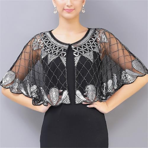 Abendumhang für Flapper Kleine Schal Prom Kleid Strickjacke Dünne Cape Weibliche für Damen-Accessoires(Black Silver) von DUMRALBQE