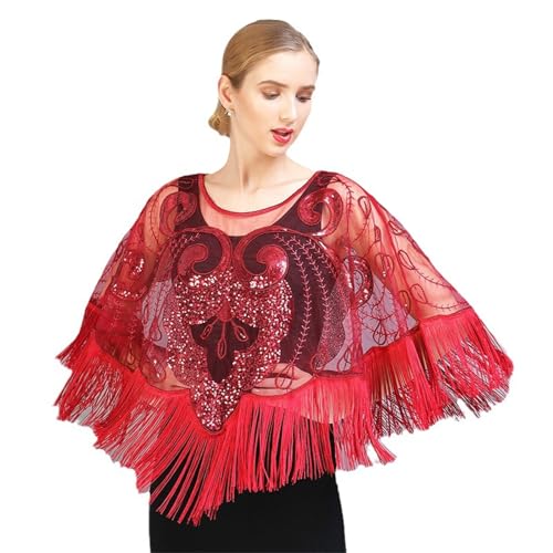 Abendumhang für Flapper Kostüme Quaste Schal Leistung Tanz Kleid Äußere für Damen-Accessoires(rot) von DUMRALBQE