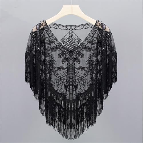 Abendumhang für Flapper Kurzer Quasten-Schal, Kleiner Vintage-Poncho mit Pailletten für Damen-Accessoires(Black) von DUMRALBQE