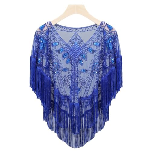 Abendumhang für Flapper Kurzer Quasten-Schal, Kleiner Vintage-Poncho mit Pailletten für Damen-Accessoires(Black Blue) von DUMRALBQE