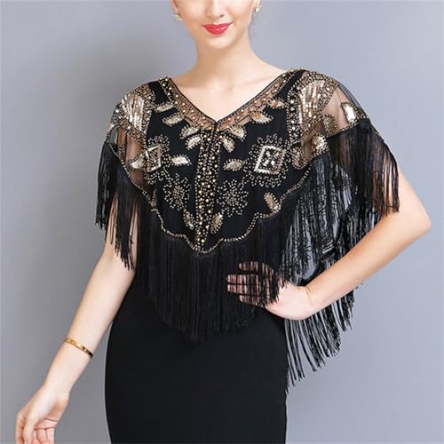 Abendumhang für Flapper Kurzer Quasten-Schal, Kleiner Vintage-Poncho mit Pailletten für Damen-Accessoires(Black Gold) von DUMRALBQE