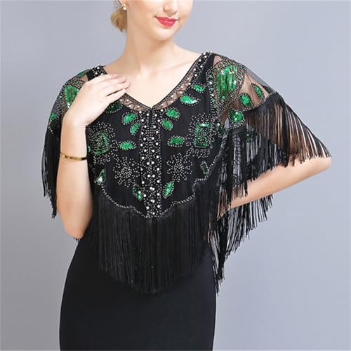 Abendumhang für Flapper Kurzer Quasten-Schal, Kleiner Vintage-Poncho mit Pailletten für Damen-Accessoires(Black Green) von DUMRALBQE
