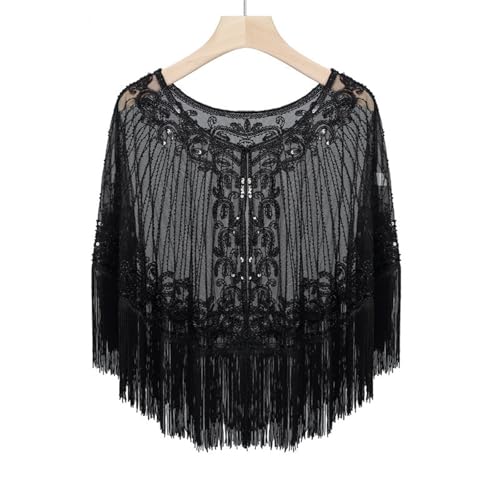 Abendumhang für Flapper Mesh Quaste Pailletten Schal Tanz Kleid Kleine Jacke Schulter für Damen-Accessoires(Black) von DUMRALBQE