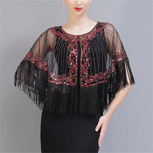 Abendumhang für Flapper Mesh Quaste Pailletten Schal Tanz Kleid Kleine Jacke Schulter für Damen-Accessoires(Black Red) von DUMRALBQE