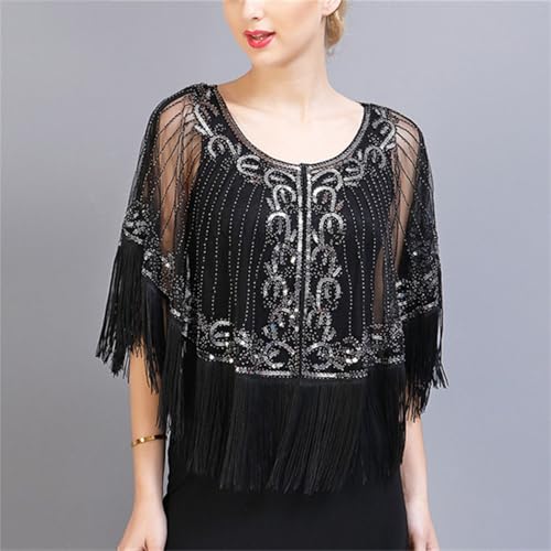 Abendumhang für Flapper Mesh Quaste Pailletten Schal Tanz Kleid Kleine Jacke Schulter für Damen-Accessoires(Black Silver) von DUMRALBQE